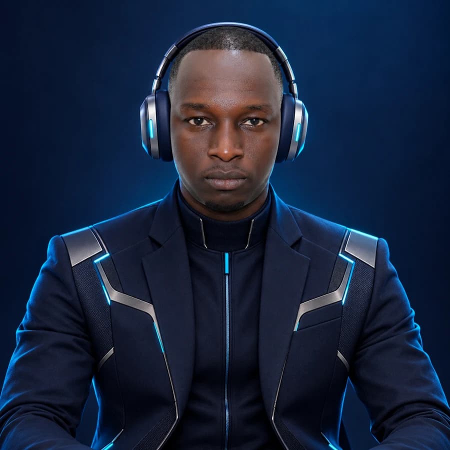 Amadou NGUER, président et fondateur de Nguera Tech, portrait avec tenue technologique et casque IA